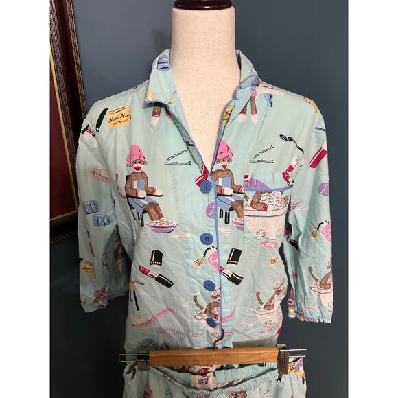 Nick & Nora 2 Piece Sock Monkey Womens Blue Cosmetics Makeup  Pajama Set Size S - Picture 4 of 7